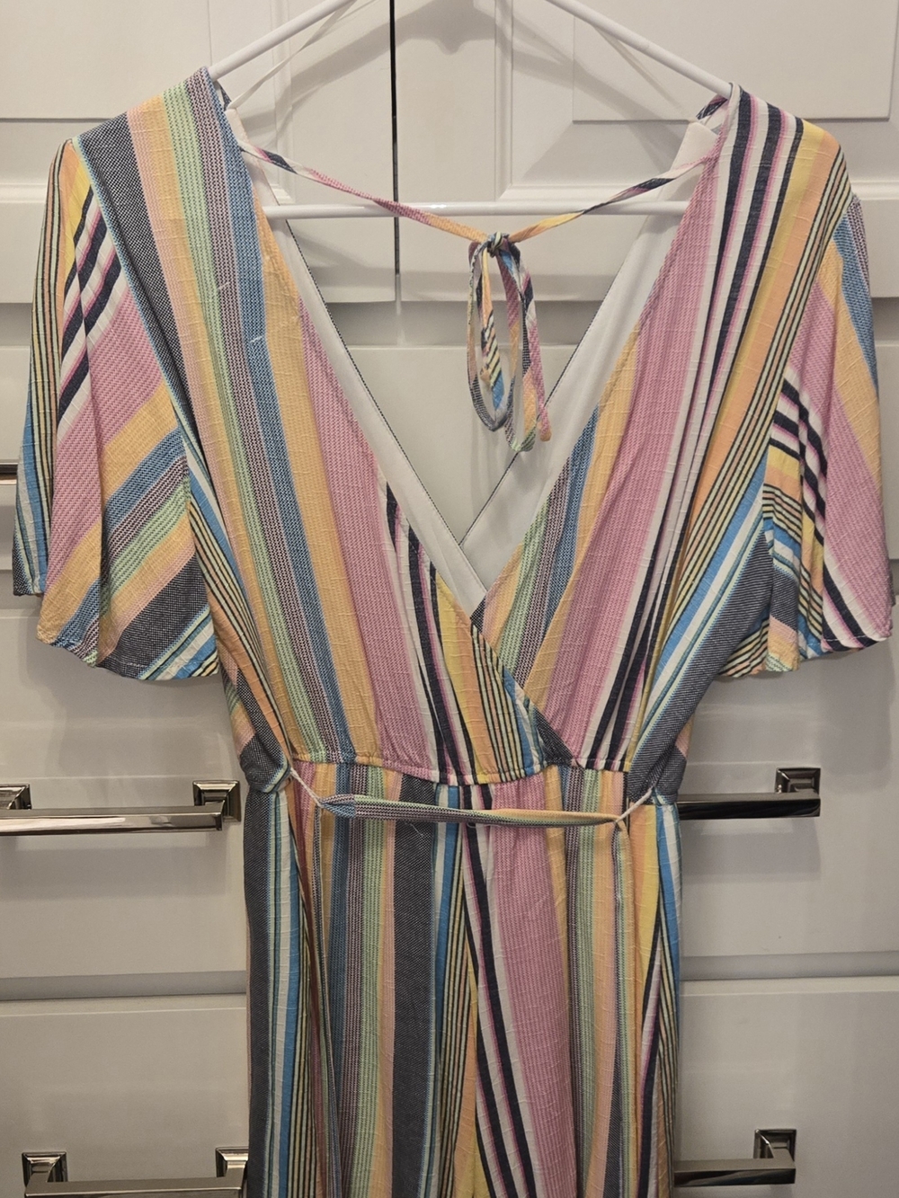 Striped V-Neck Summer Romper in Pastel Multi